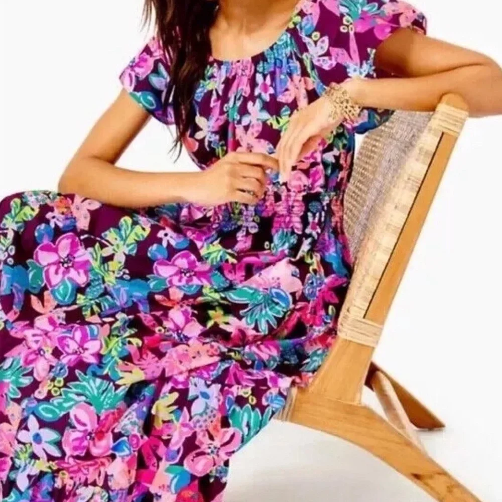 Lilly Pulitzer Ellabell Short Sleeve Dress - Cherry Ganache Bohemian Garden XL - Picture 3 of 8